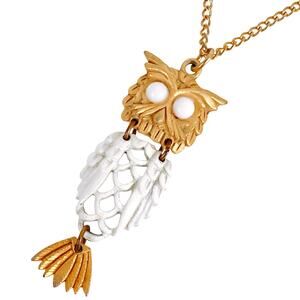 Vintage 1960s Owl Pendant Necklace Articulated White Enamel Gold Tone Mid Animal